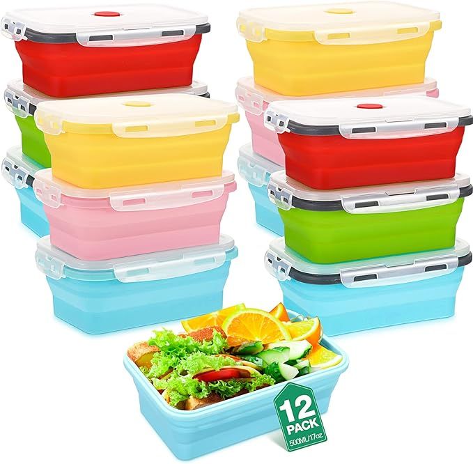 Set of 12 Silicone Food Storage Containers Collapsible Bowls with Lids Vacuum Seal Silicone Lunch... | Amazon (US)