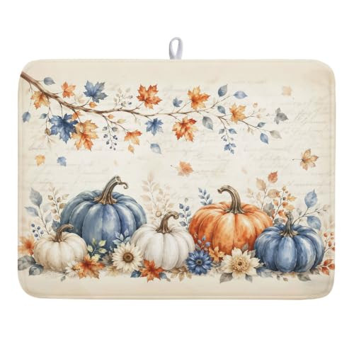 Fall Pumpkin Dish Drying Mats 24x18 Inch, Watercolor Maple Leaf Floral Drying Mat with Absorbent Reversible Microfiber, Vintage Cream Dish Drainer Mats Rack Pad for Coffee Countertop Kitchen Protector | Amazon (US)