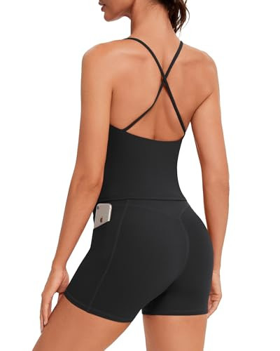 OMKAGI Workout Sets for Women Cute Spaghetti Strap Tank Tops Booty Shorts Outfits with Pockets(XS,534-Black) | Amazon (US)