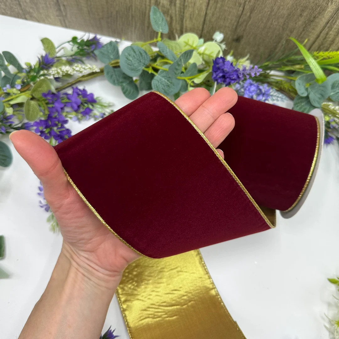 4 Wired Red Velvet Ribbon With Metallic Gold Back for Christmas Bows, Floral Decorations and Door... | Etsy (US)