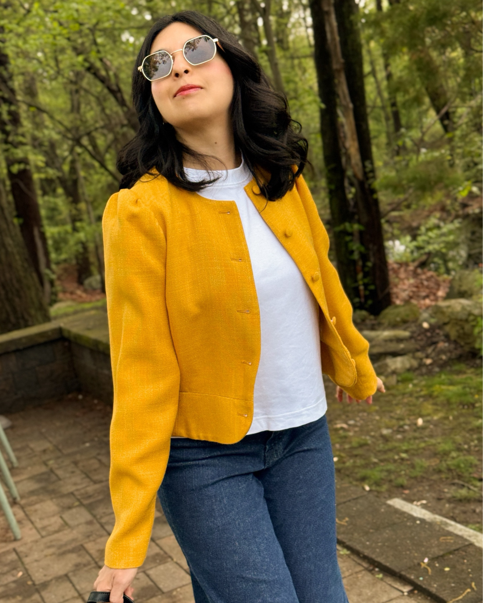Fiora Jacket size 4 From Sézane 
Sunglasses Jimmy Fairly
T-shirt Size S from Cos 
Jeans size 27 from Frame 
Mary Janes Madewell 
Bag is Demellier London 

#LTKPetite #LTKSeasonal #LTKStyleTip
