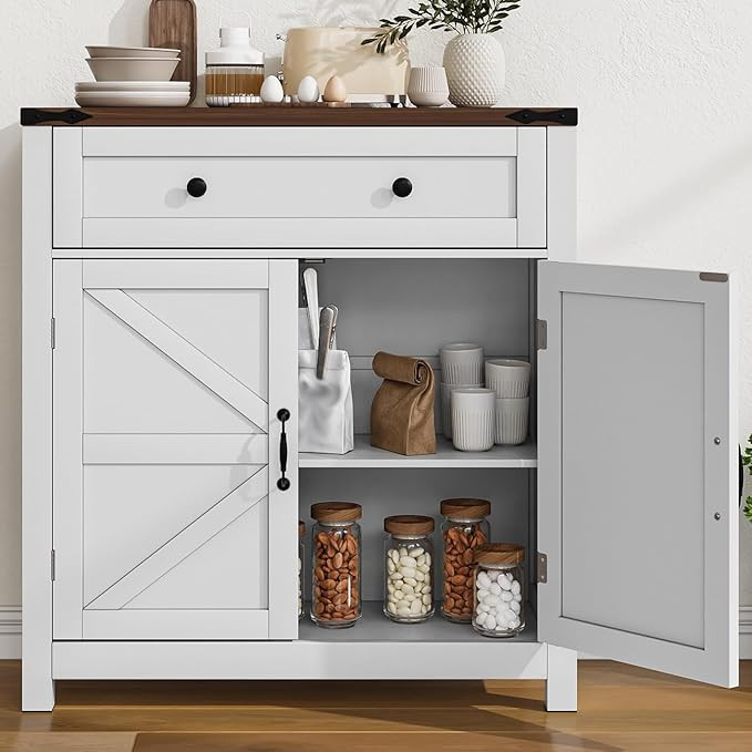 Farmhouse Storage Cabinet with 2 Doors, White Kitchen Cabinet with Walnut Countertop, Freestandin... | Amazon (US)