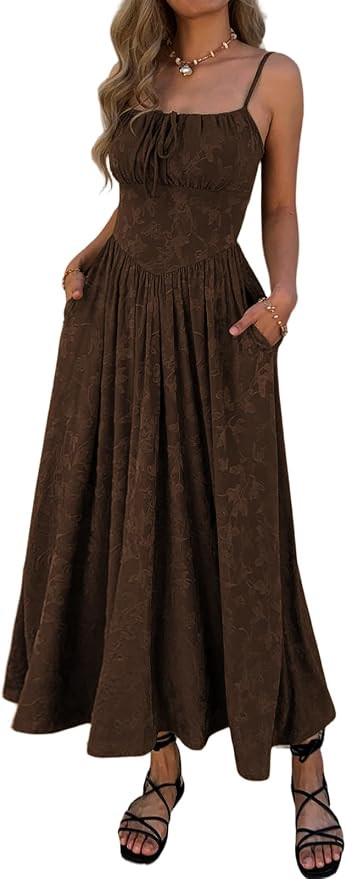 Mieazom Women’s Floral Maxi Dress Spaghetti Strap Sleeveless Summer Dress Tie Front A Line Casu... | Amazon (US)