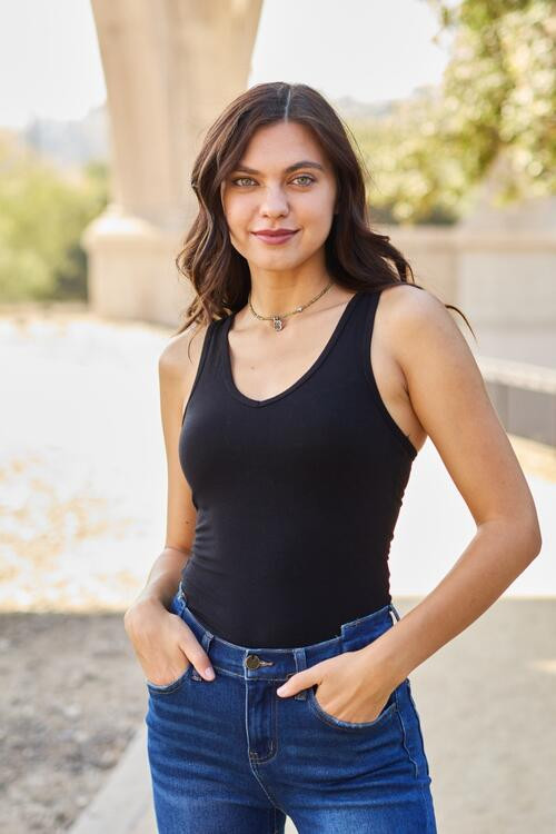 Zenana Racerback Tank Bodysuit Black / S | Casual Chic Boutique