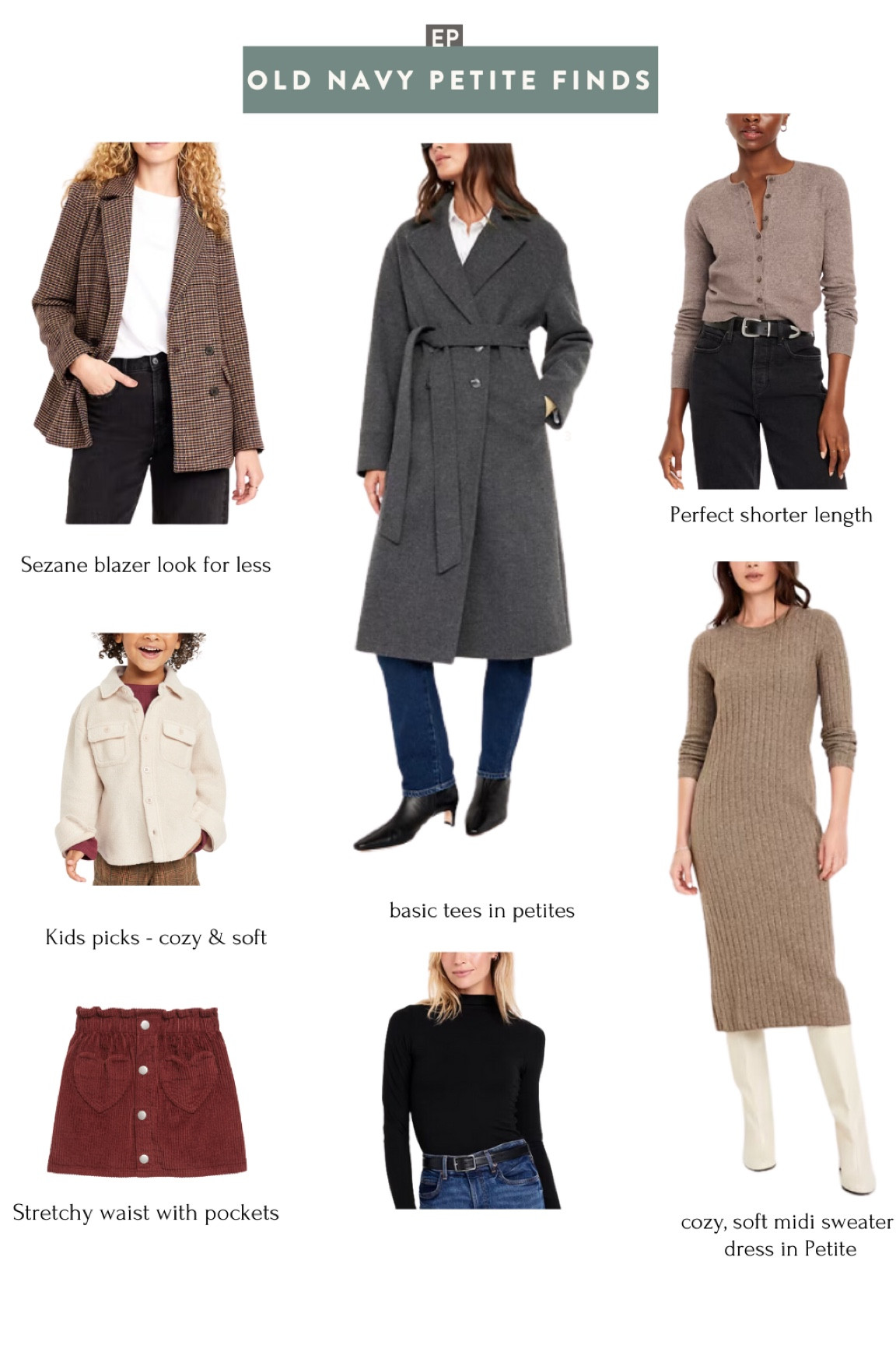 Old Navy petite fall finds on my list! A few items I’ve tried;

• coat is a relaxed fit and can be worn open or belted. Fully lined gray texture material is medium weight. A steal for the sale price 

• crop cardigan is a perfect petite friendly fit 

• the solid olive brown blazer linked is an oversized boyfriend fit on me in Xs petite and looks better than the price point 

• sweater dress is soft and cozy, longer midi length that’s not clingy 

• little boys shacket in navy is super soft 

• the girls corduroy skirt with heart pockets is so cute but too small for nori due to the sizing 

#LTKSeasonal #LTKKids #LTKFamily