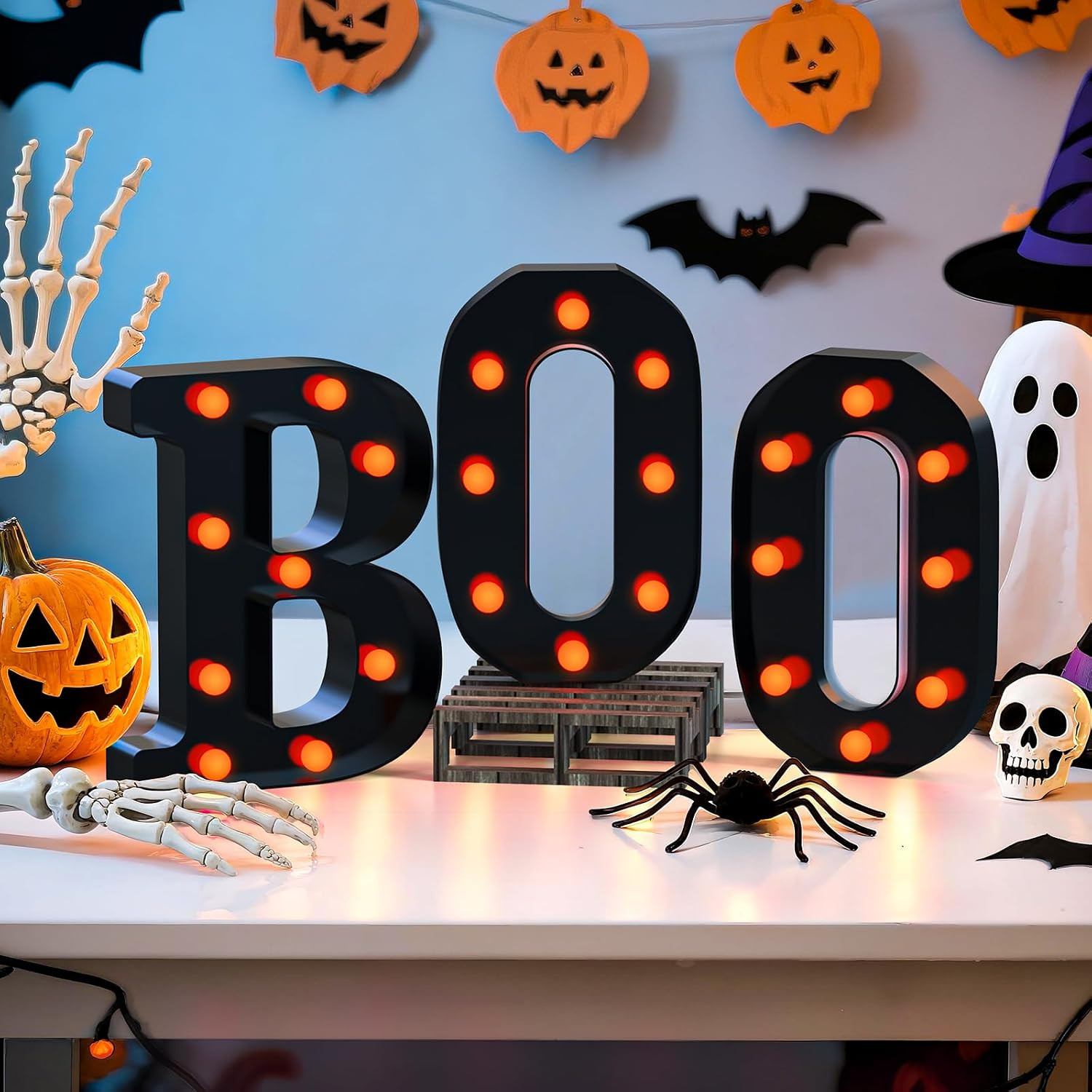 Halloween Decorations,3 LED Light Up Marquee Letters BOO Decorative Sign | Amazon (US)