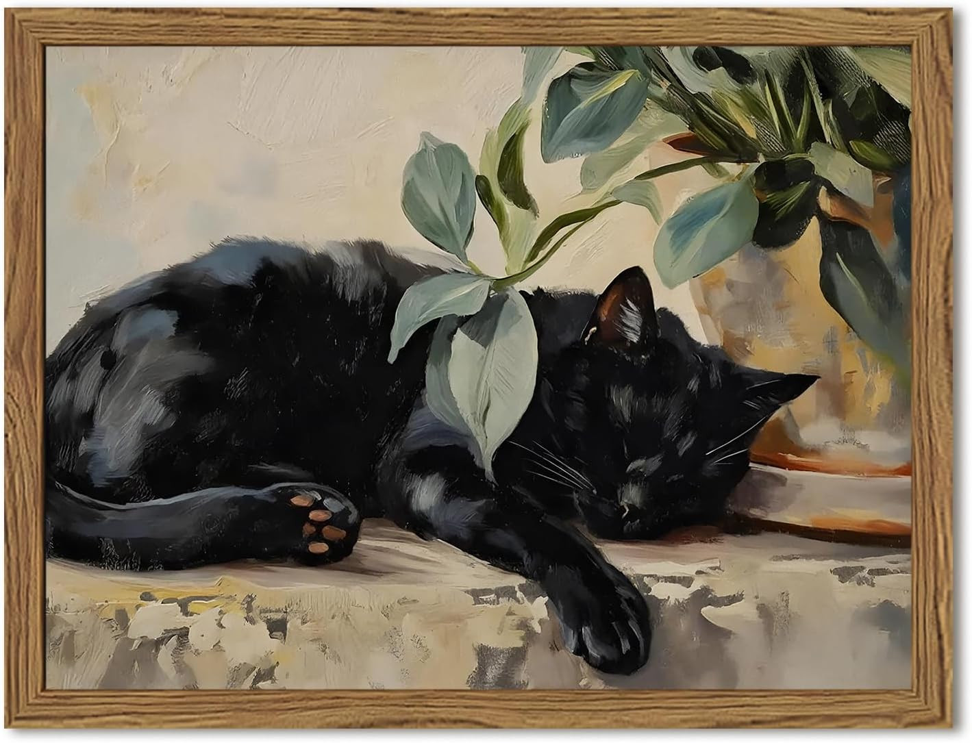 Framed Black Cat Canvas Wall Art, Vintage Sleeping Cat with Plant Picture Wall Decor Paintings, Cute Animal Poster Prints Rustic Aesthetic Home Decor for Living room Bedroom Bathroom 8x10 inch | Amazon (US)