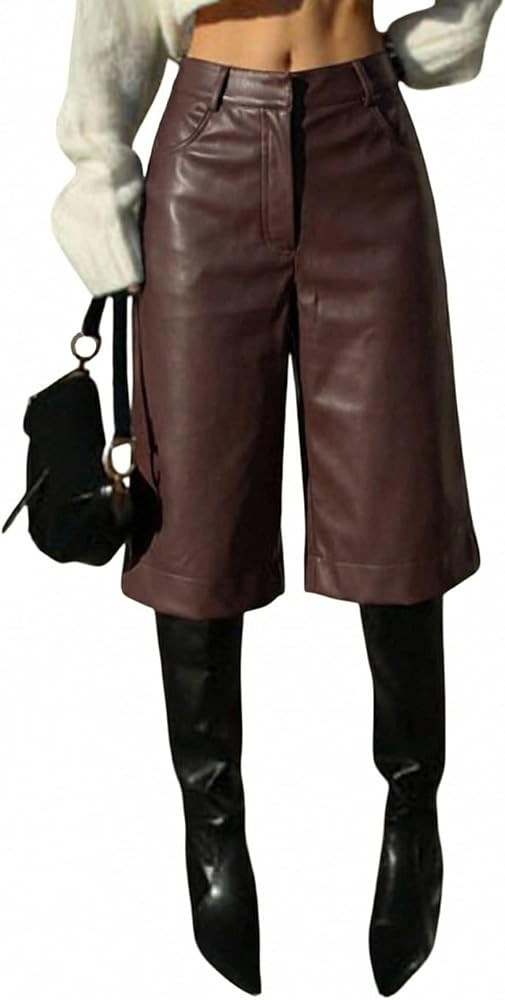 WDIRARA Women's Goth Punk Faux Leather Wide Leg Shorts Loose Knee Length Shorts | Amazon (US)
