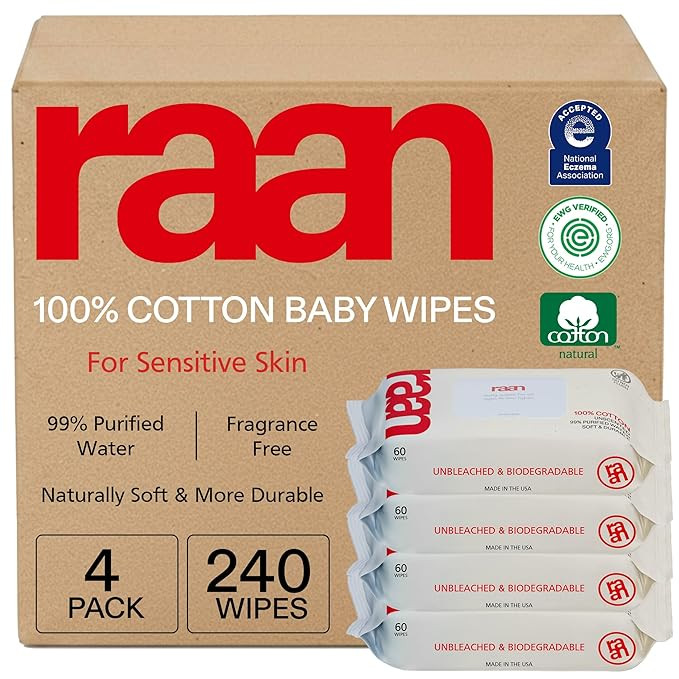 Raan, 100% Cotton Baby & Toddler Wipes, Unbleached, 99% Purified Water, Unscented, EWG verified, ... | Amazon (US)