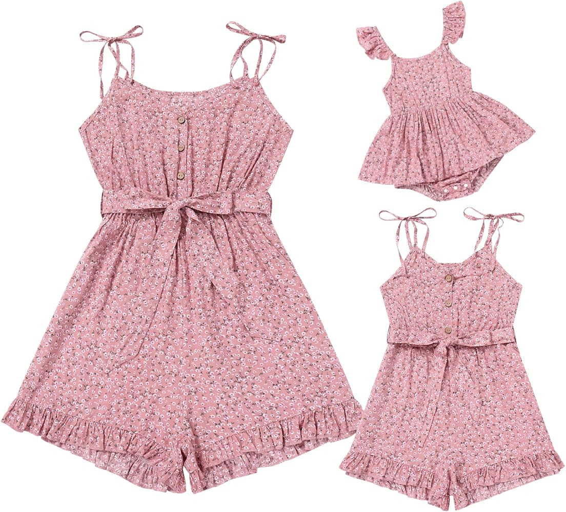 AWIBMK Mommy and Me Outfit Floral Tie Strap Family Matching Jumpsuit Romper Sleeveless Summer Clo... | Amazon (US)