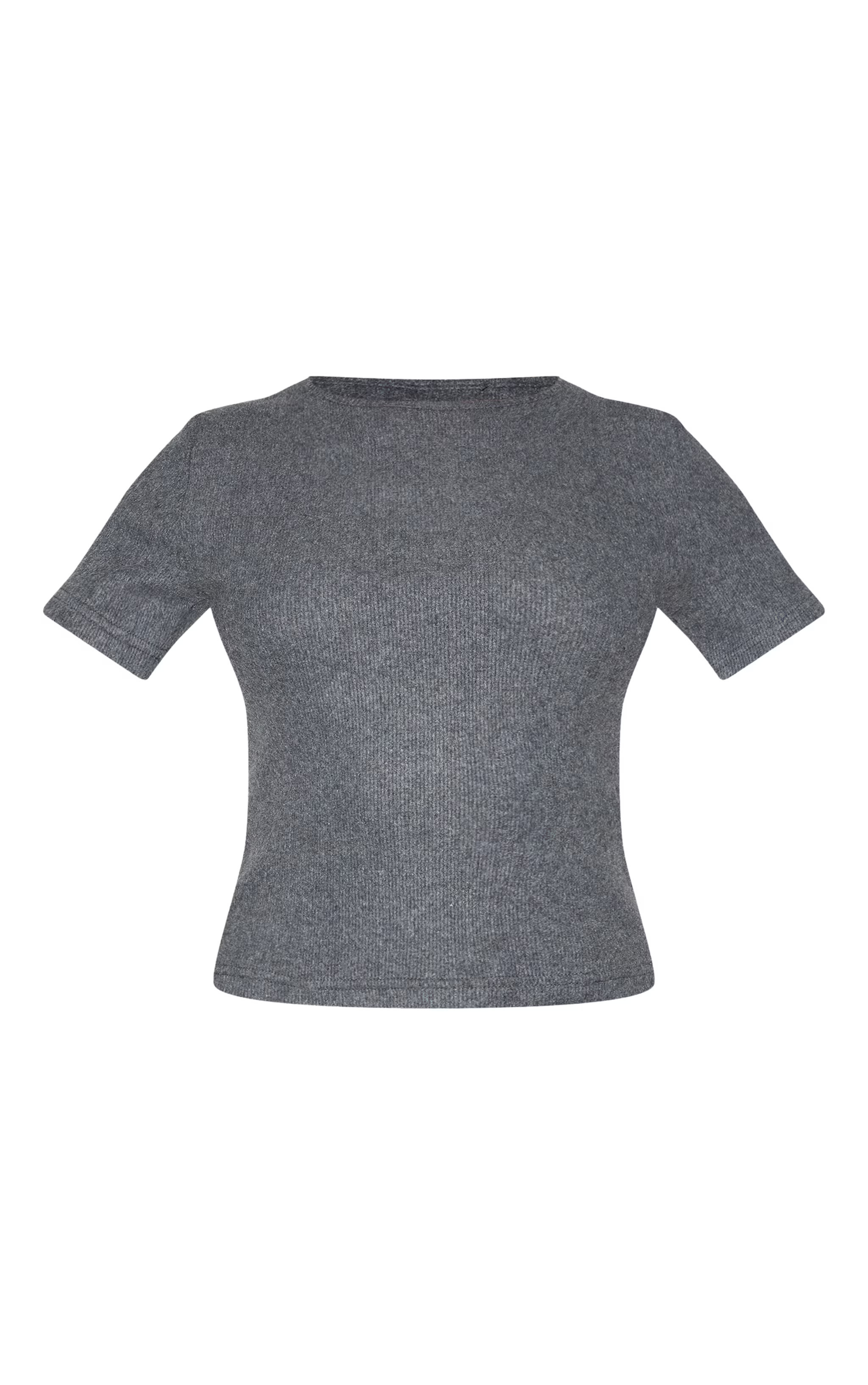 Charcoal Brushed Ribbed Fitted T-Shirt | PrettyLittleThing US