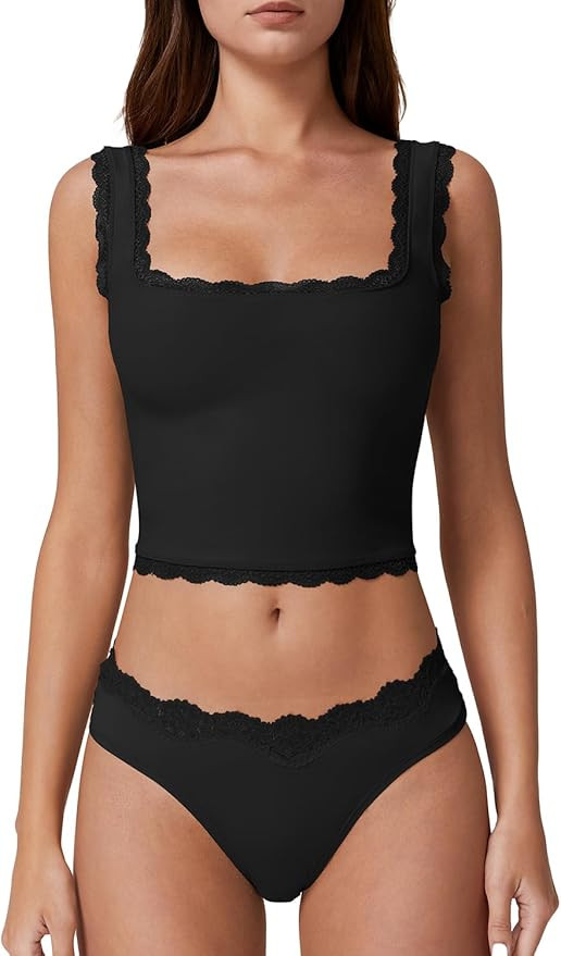 QINSEN Womens Square Neck Lace Trim Tank Tops Double Lined Slim Fit Summer Going Out Y2k T Shirts | Amazon (US)