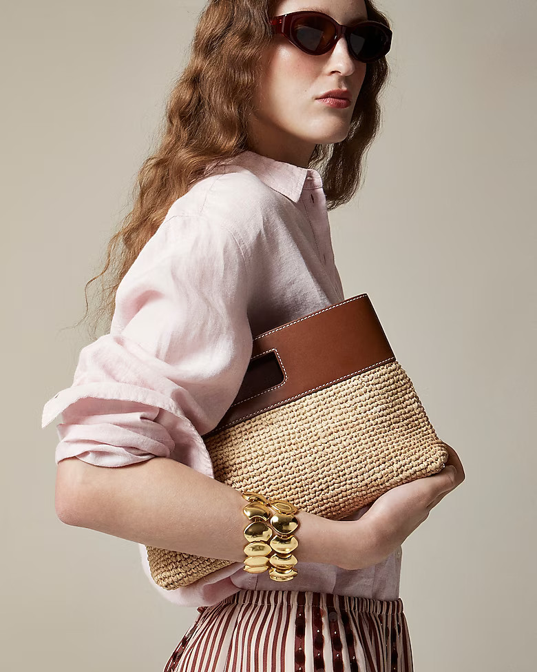 Handknotted raffia rectangular clutch with leather handles | J. Crew US