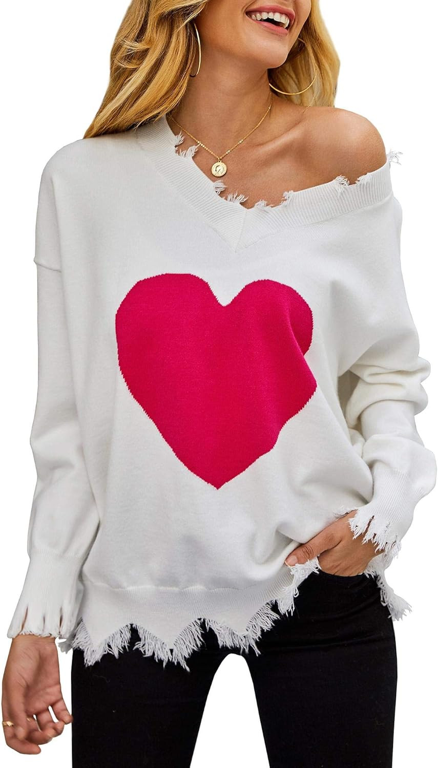 Women's Heart Pattern Ripped Sweater V Neck Distressed Knit Pullover Jumper Top | Amazon (US)