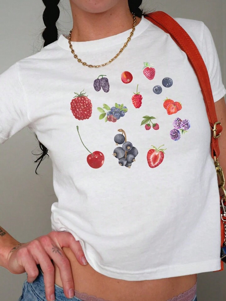 SHEIN EZwear Y2K Grid Fruit Pattern T-Shirt Women's Aesthetic Retro Round Neck Shirt Fashion Grap... | SHEIN