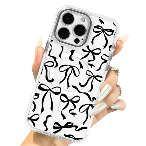 Case for iPhone 14 Pro Clear,Compatible with MagSafe,Anti-Scratch Magnetic Case,Black Bow Ribbon Pattern | Amazon (US)