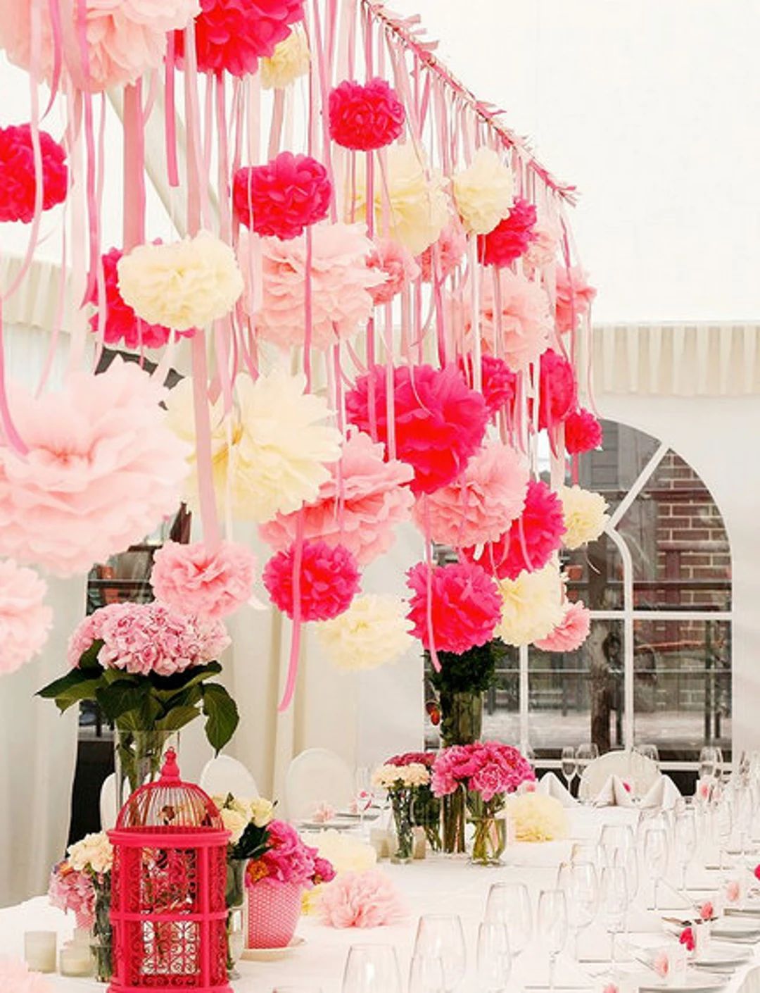 Pink and cream paper pom pom set - Wedding decoration set | Paper flower decor | Tissue paper pom... | Etsy (US)