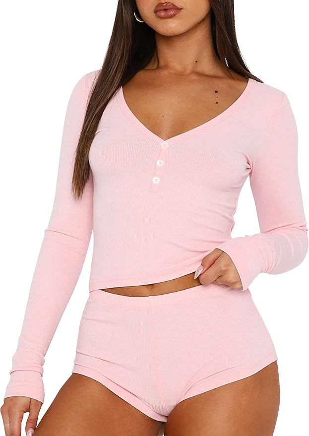 Cioatin Women 2 Piece Ribbed Knit Pajama Set Long Sleeve Button Crop Top and Shorts Lounge Sweats... | Amazon (US)