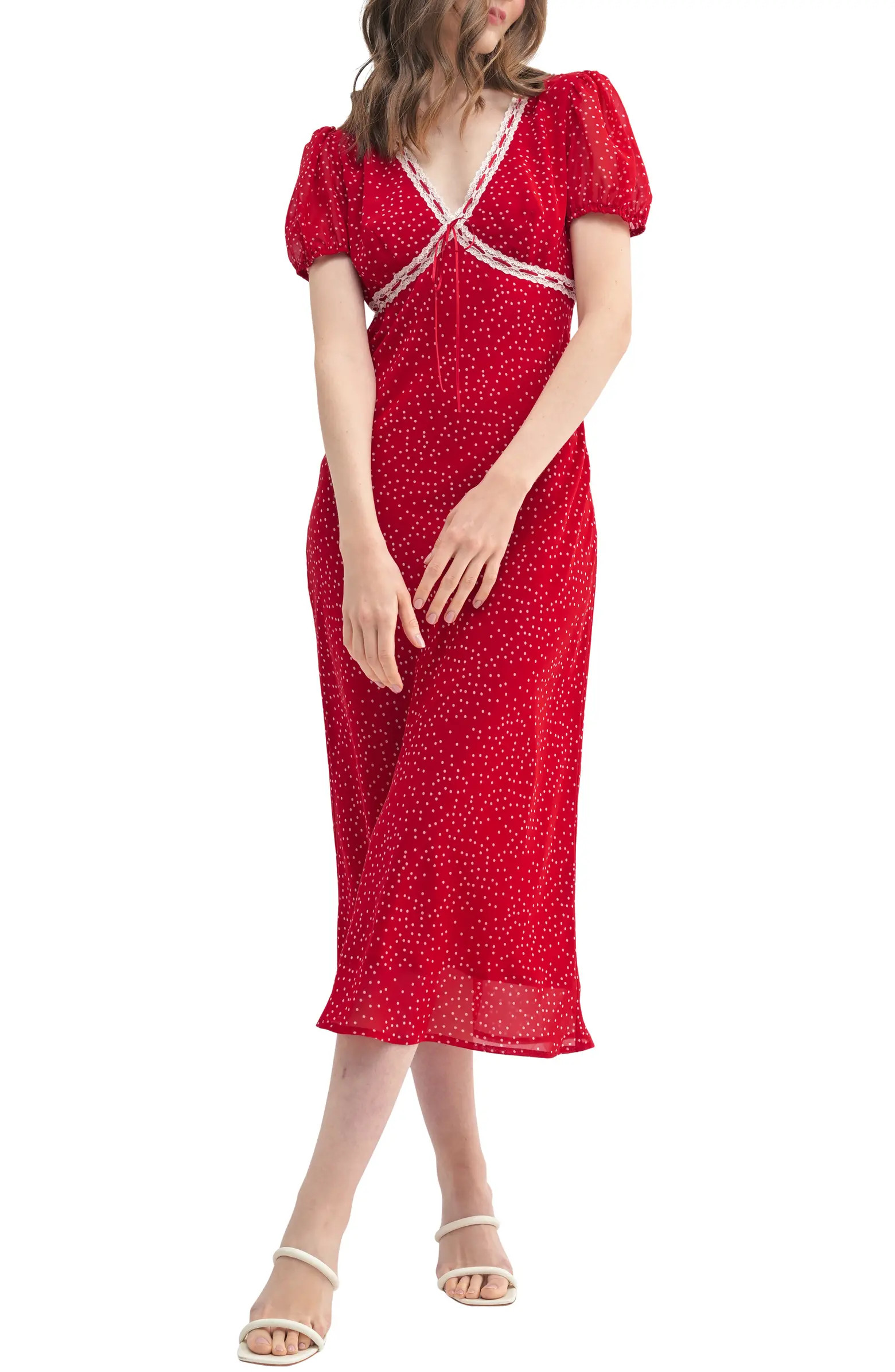 Lush Lace Trim Puff Sleeve Empire Waist Midi Dress | Nordstromrack | Nordstrom Rack