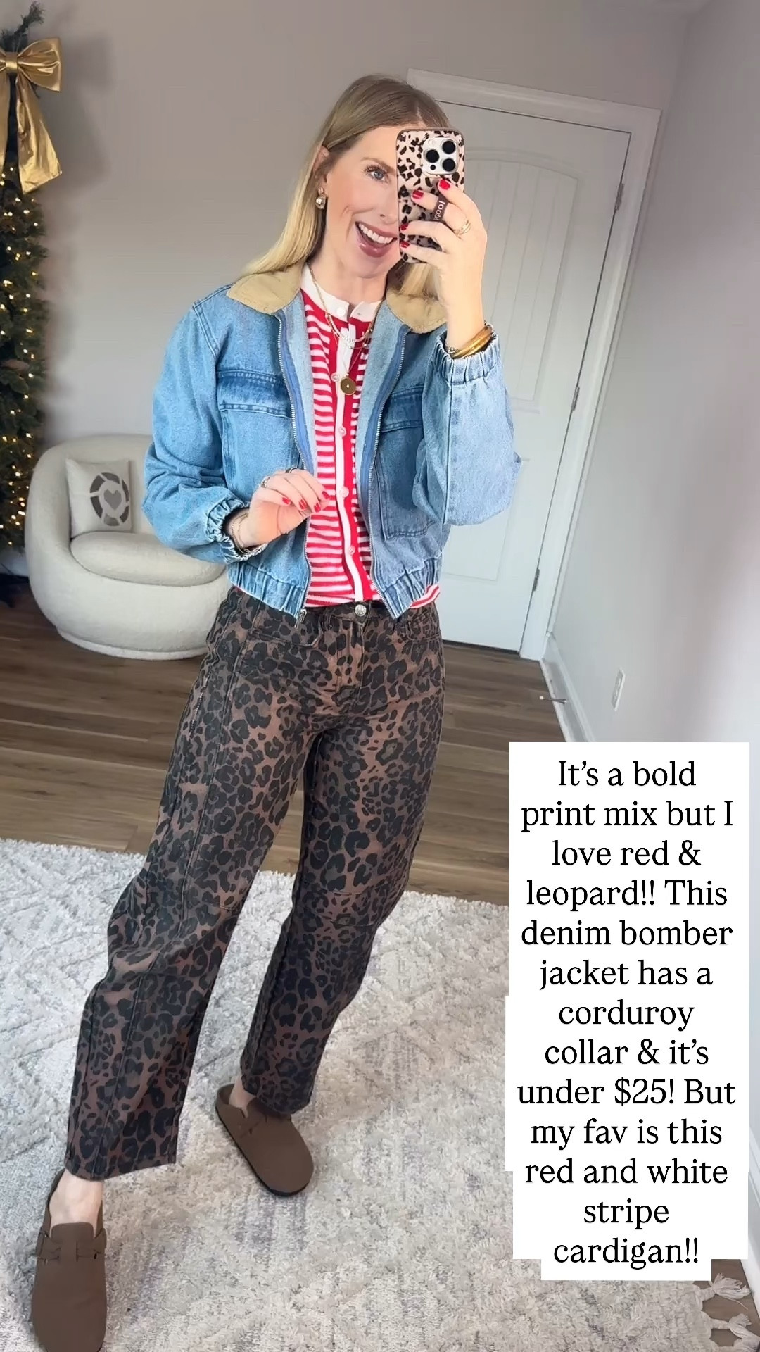 Walmart try on, denim bomber jacket, red stripe cardigan, leopard jeans, Walmart outfit, Walmart fashion 

#LTKFindsUnder50 #LTKootd #LTKmomlife