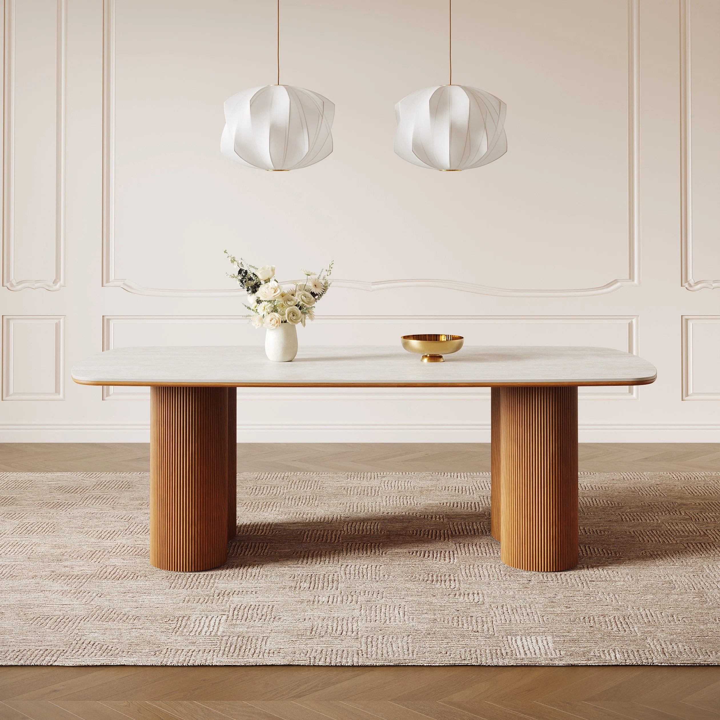 Cinna 78.7" Sintered Stone Dining Table With Solid Wood Pedestal for Seat 6-8 | Wayfair North America