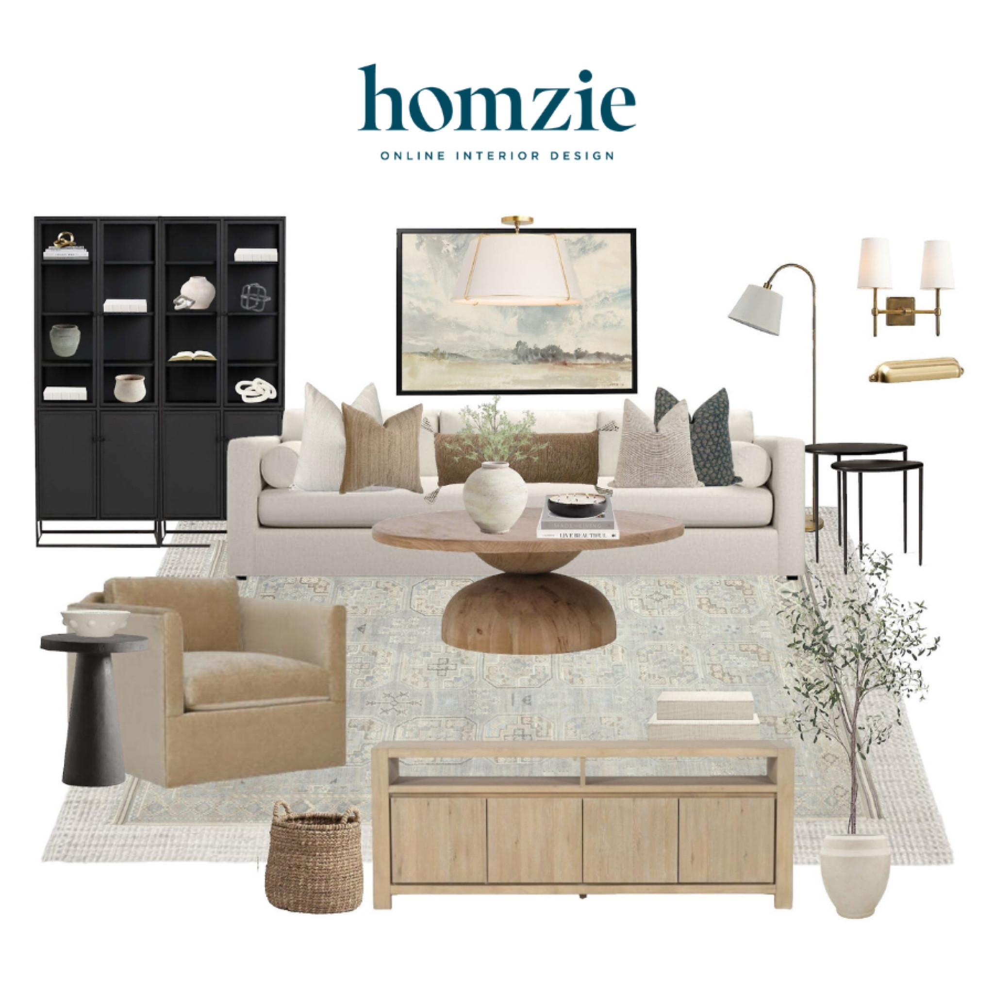 Studio McGee inspired living room design, neutral living room decor, accent chair, bookcase, media console, neutral rug 

#LTKHome #LTKFamily #LTKFindsUnder100