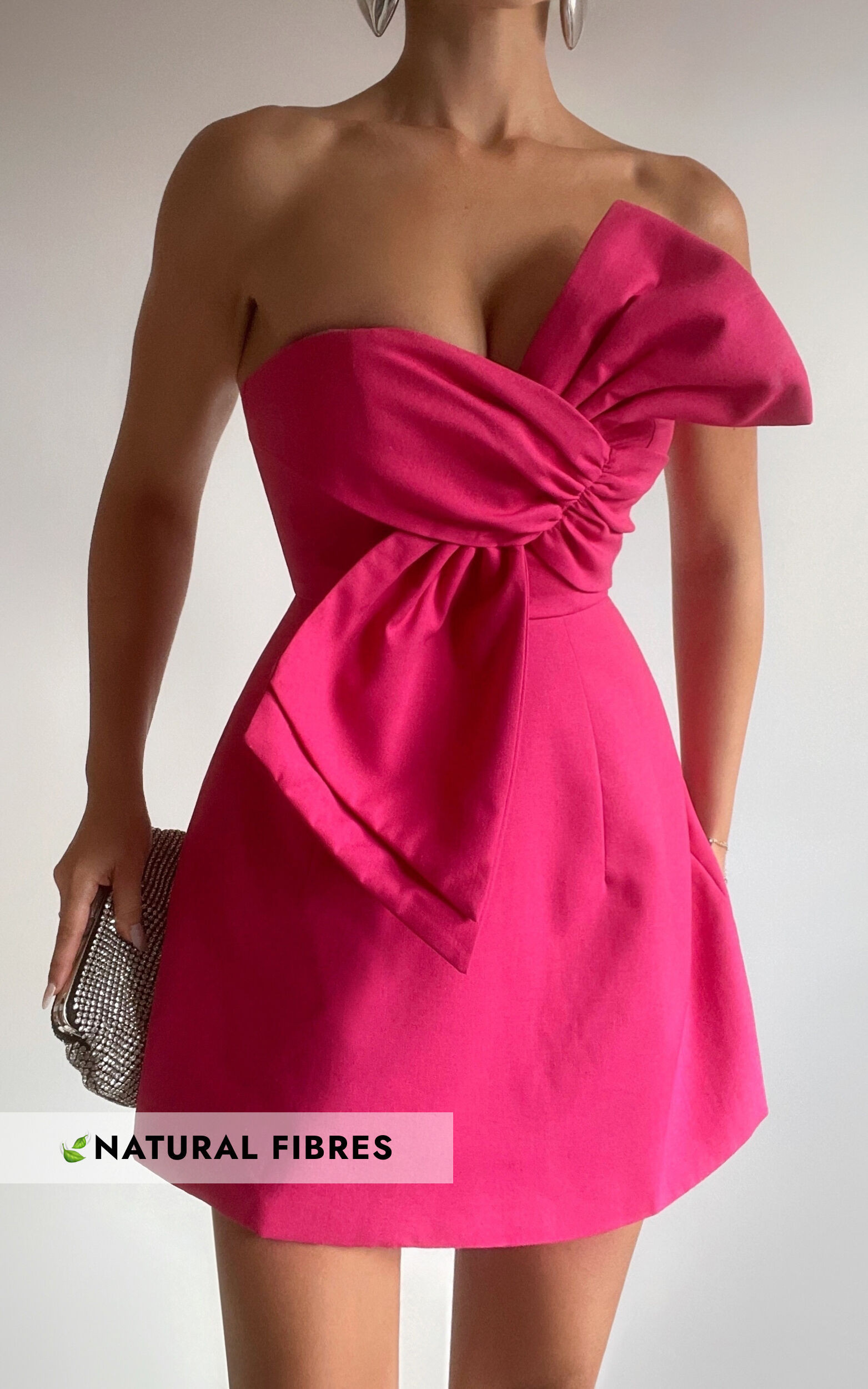 Chika Mini Dress - Linen Look Strapless Front Bow Dress in Peony Pink | Showpo (US, UK & Europe)