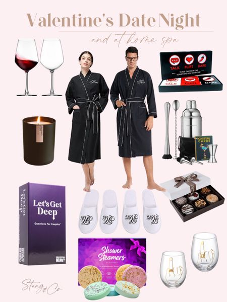 Have a Valentine’s Day day night at home!

Spa favorites - his and her robes - slippers - wine glasses - chocolates - Valentine’s gift - game night - couples games - gifts for her - gifts for him - black candle

#LTKGiftGuide #LTKunder50 #LTKmens