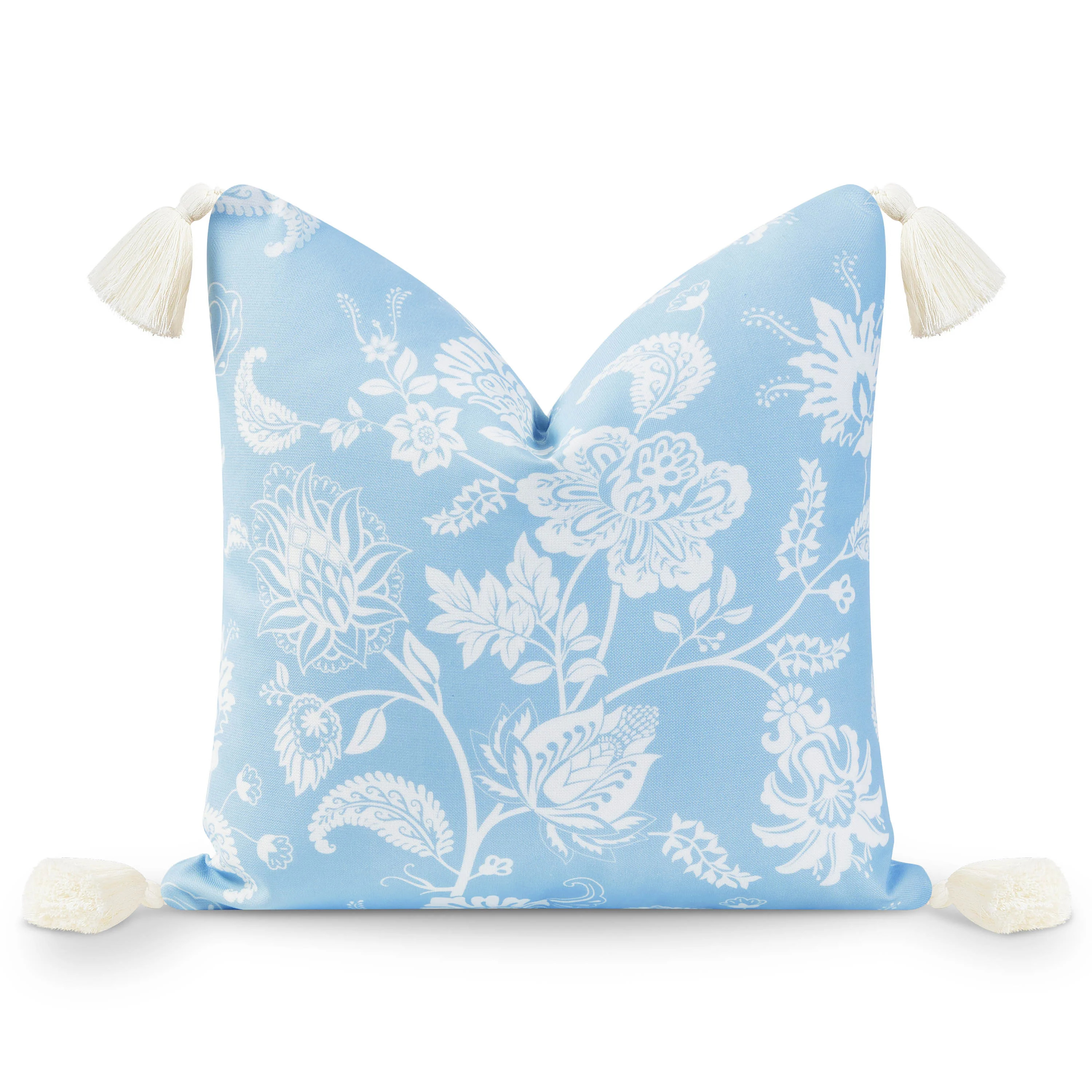 Coastal Hampton Style Indoor Outdoor Throw Pillow Cover, Floral Tassel, Baby Blue, 18 | Hofdeco