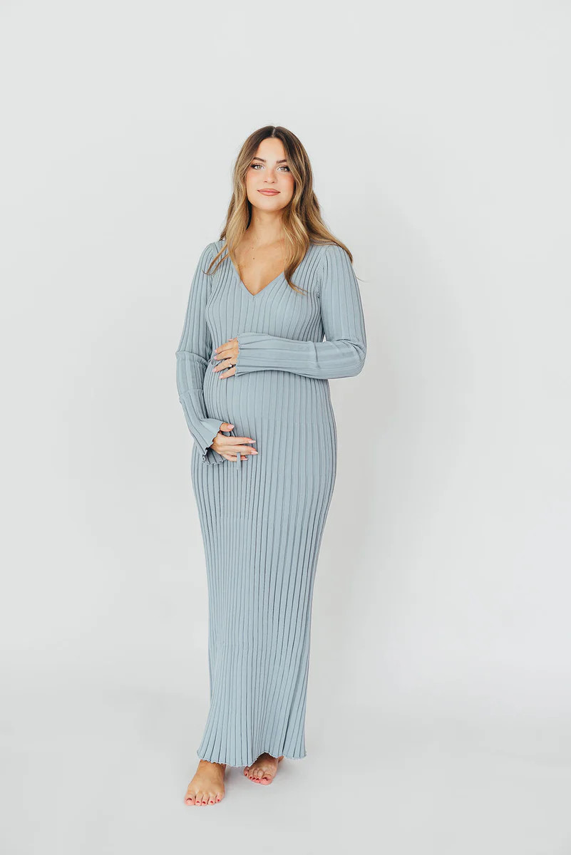 Berkeley Ribbed Knit Maxi Dress With V-Neck in Dusty Blue - Bump Frien | Worth Collective