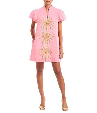 Elliana Poplin Palm Tree Embroidery Mandarian Collar Short Puff Sleeve Dress | Dillard's