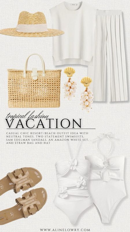 Tropical Vacation Outfit Idea for resort or beach getaway - all neutral. Two statement swimsuits, Amazon white set, Sam Edelman sandals, and straw bag and hat. 

#LTKswim #LTKstyletip #LTKU