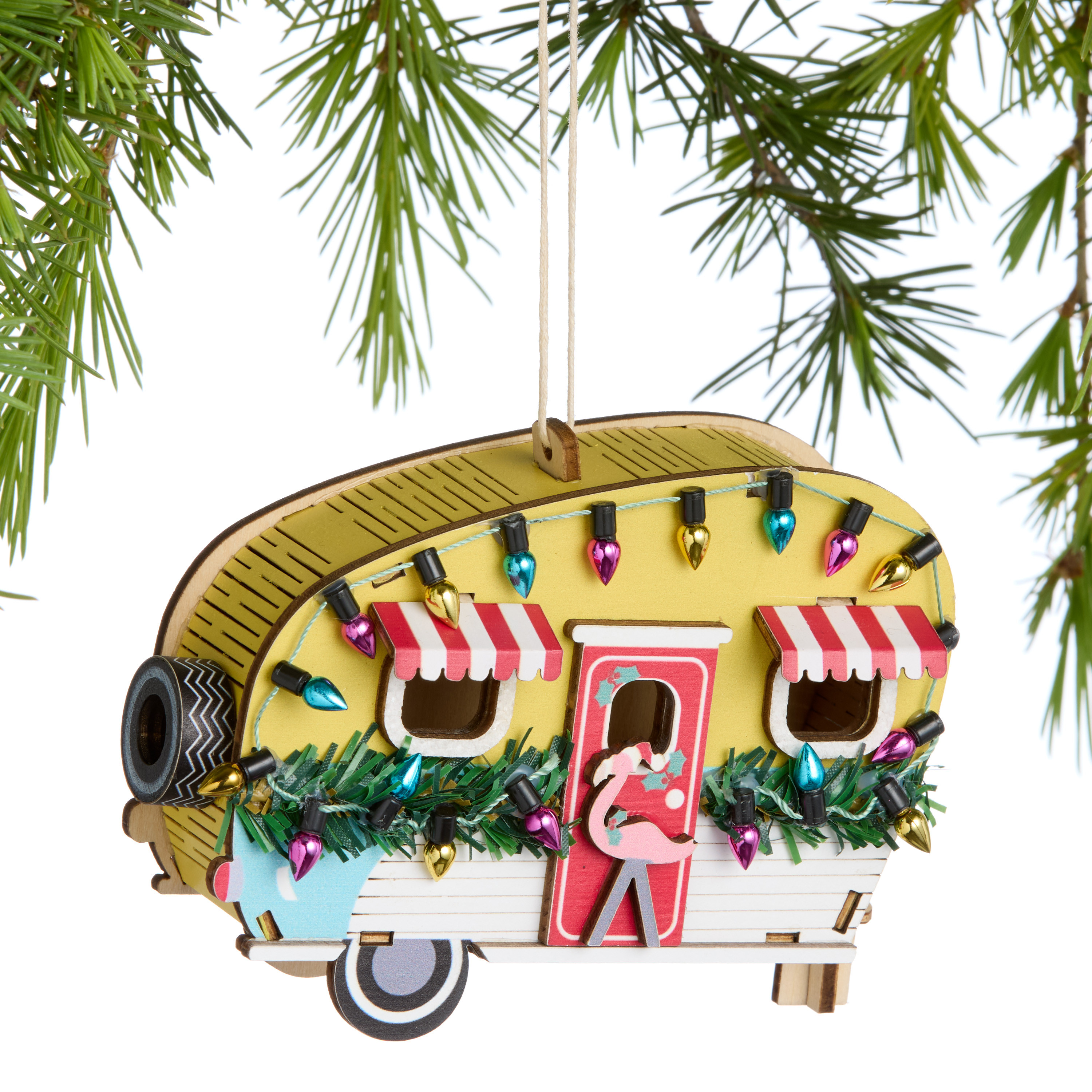 Laser Cut Wood Retro Flamingo Trailer Ornament | World Market