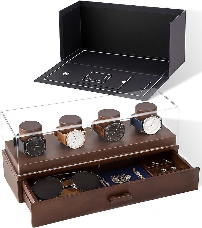 Watch Box Organizer For Men - Modern Watch Display Case and Mens Jewelry Box Organizer With Walnu... | Amazon (US)