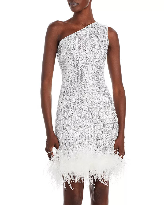 Sequin One Shoulder Feather Hem Dress | Bloomingdale's (US)