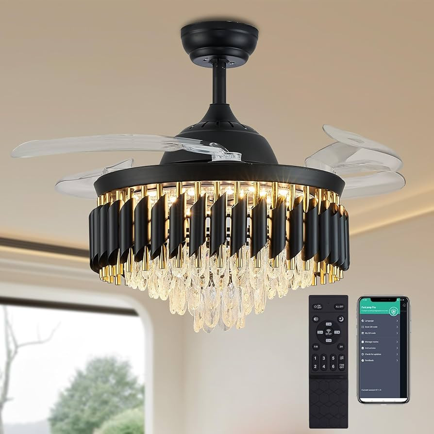 48" Dimmable Fandelier Crystal Ceiling Fans with Lights and Remote Modern Retractable Chandelier ... | Amazon (US)