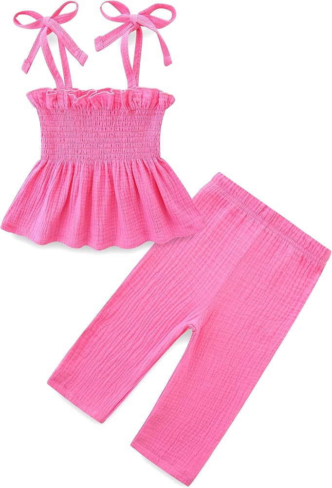 Toddler Girls Summer Outfits Clothes Sleeveless Pant Set Solid Color 100% Cotton Strap Ruffle Bab... | Amazon (US)