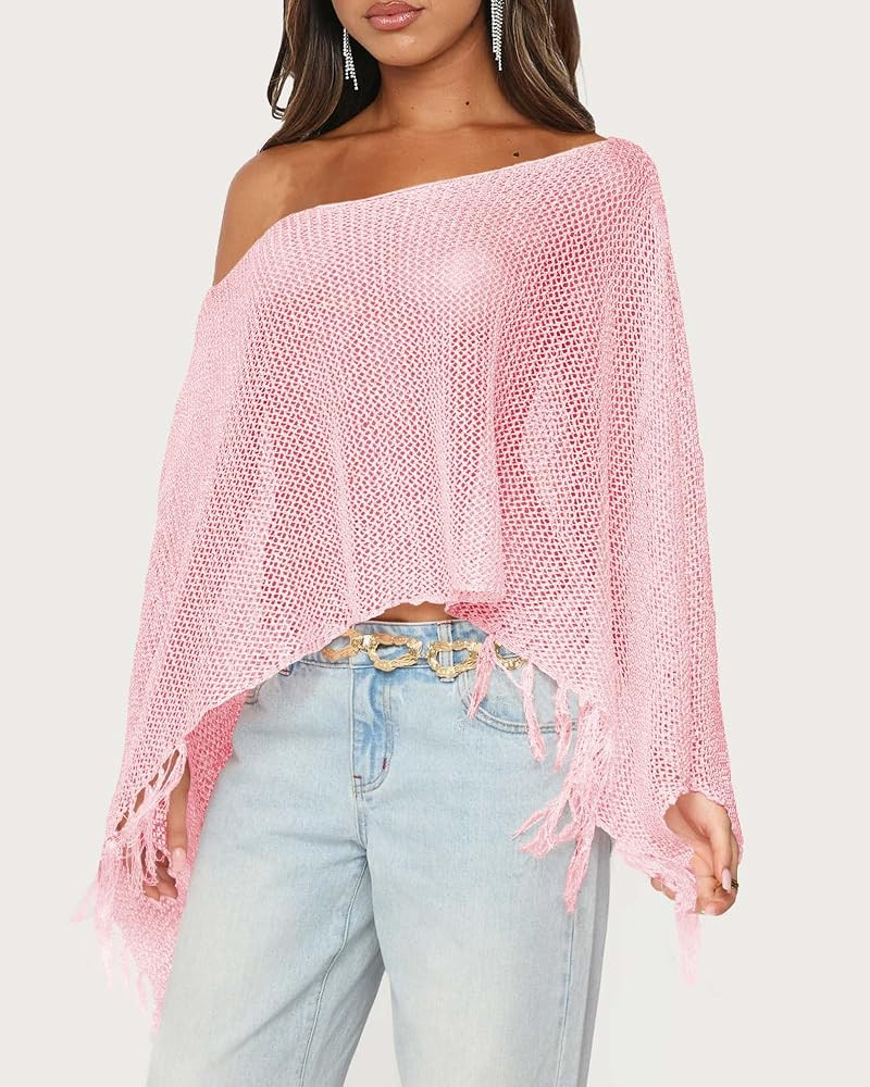 Womens Summer One Shoulder Knit Sheer Poncho Trendy Lightweight Boat Neck Fringe Pullover Sweater... | Amazon (US)