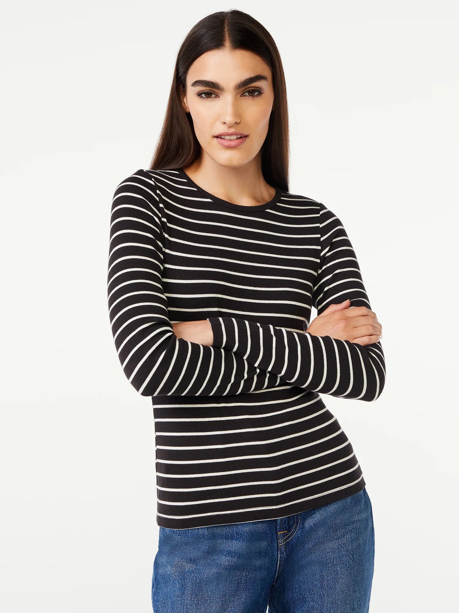 Free Assembly Women's Ribbed Crewneck Top with Long Sleeves - Walmart.com | Walmart (US)