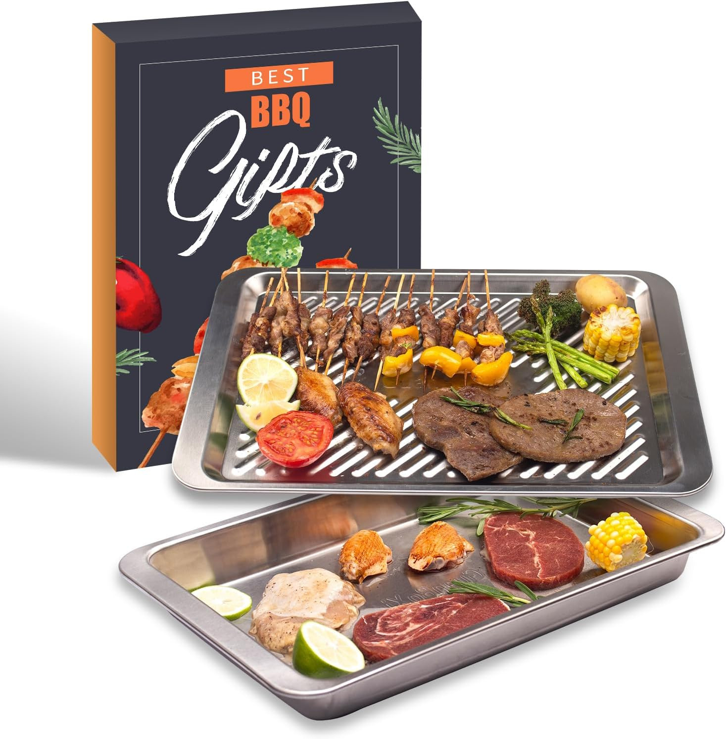 Grilling Prep and Serve Trays,Set of 2 Stackable, Stainless Steel BBQ Trays, Marinating Tray, Ser... | Amazon (US)