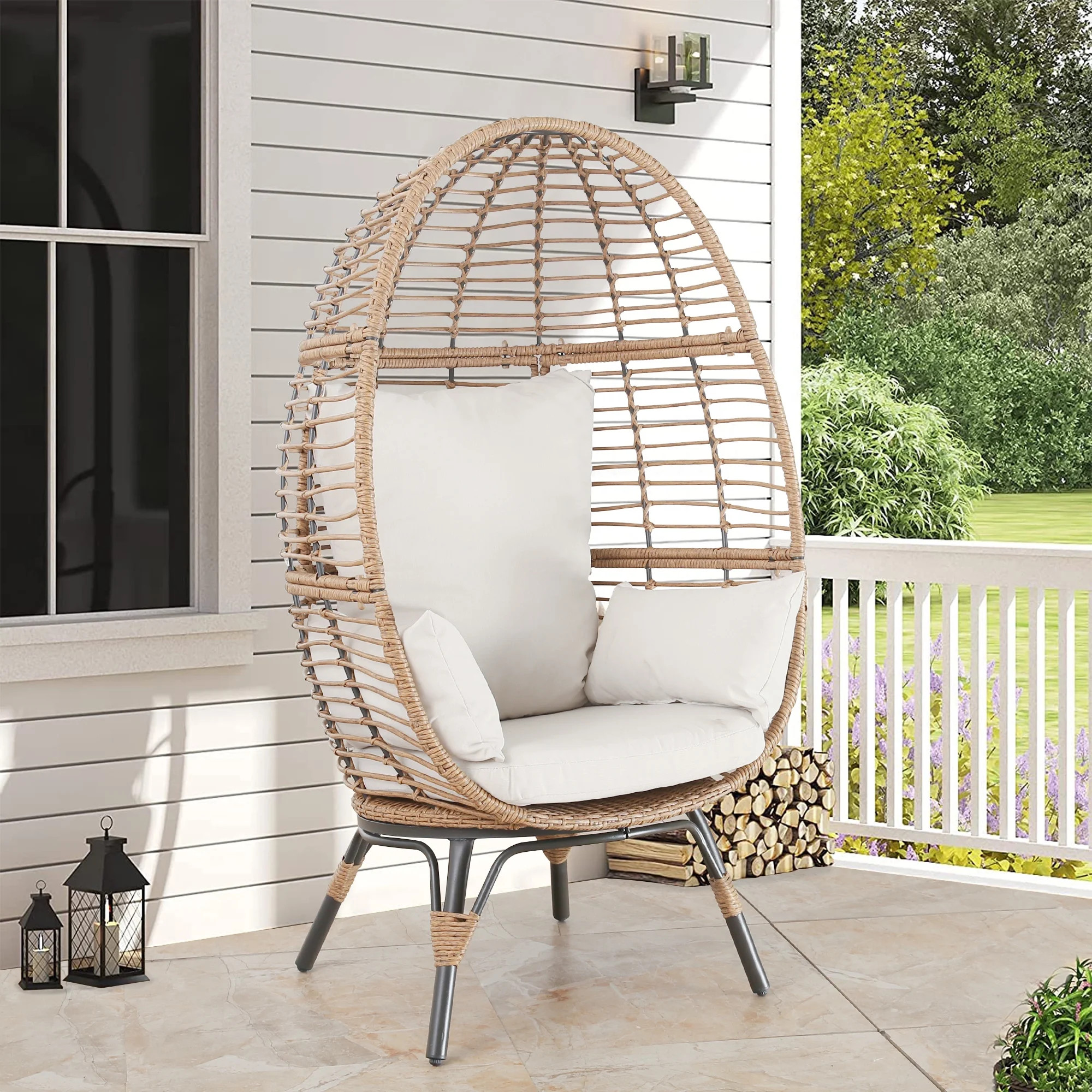 Ulax Furniture Outdoor Patio Wicker Egg Chair Indoor Tear Drop All-Weather Rattan Chair with 4 Cu... | Walmart (US)