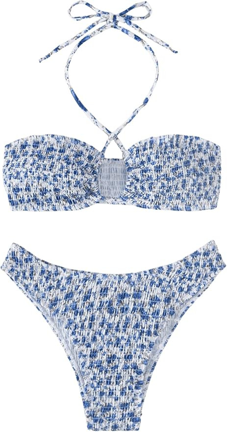 SweatyRocks Women's 2 Piece Bathing Suit Ribbed Tie Side Halter Bikini Swimsuit | Amazon (US)