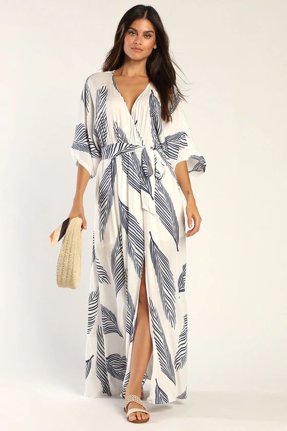 Sign of the Times White and Navy Blue Leaf Print Maxi Dress | Lulus (US)
