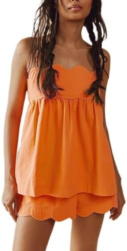 ROAONOCOMO Women 2 Piece Lounge Shorts Set Spaghetti Strap Peplum Cami Top Babydoll Pj Set Casual... | Amazon (US)