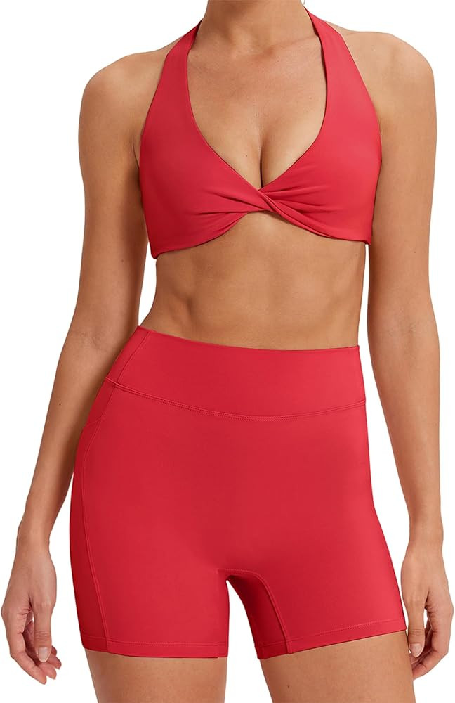 MOOSLOVER Women 2 Piece Workout Sets Halter Sports Bra Tank Top Scrunch Butt Shorts Gym Yoga Outf... | Amazon (US)