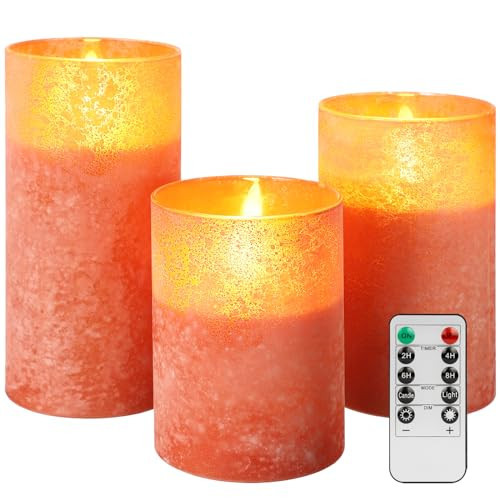 HJANDHJ Orange Flameless Candles, Sandblast Glass Battery Operated Candles with 10-Key Remote and Timer,Set of 3 Realistic Wax Candles for Home Decor (W3 H 4" 5" 6") | Amazon (US)