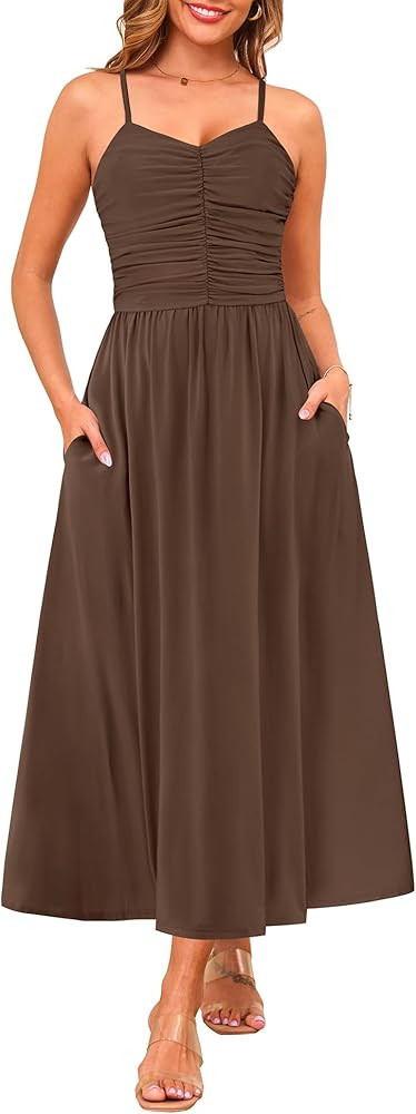 Annebouti Women 2026 Summer Spring Ruched Maxi Dress Adjustable Spaghetti Strap Floral Beach Long... | Amazon (US)