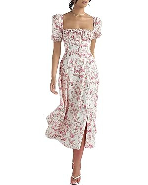 Linsery Women's Puff Sleeve Floral Maxi Dress Elegant Square Neck Cottagecore Boho Split Long Dre... | Amazon (US)