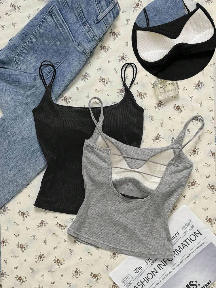 Attitoon Summer Casual Versatile Solid Color Camisole With Padded Bra Cami Tops Summer Tops Ribbed Tank Tops | SHEIN