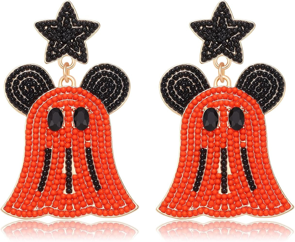 Halloween Earrings Cute Ghost Drop Dangle Earrings Black Orange Star Bow Mouse Seed Beaded Festiv... | Amazon (US)